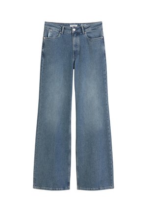 Lichtblauwe denim jeans met wijde pijpen, gemaakt van katoen, met een hoge taille, vijf zakken en een knoopsluiting.