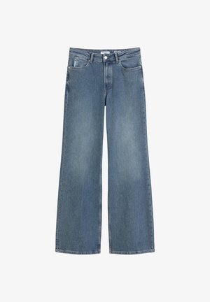 Lichtblauwe denim jeans met wijde pijpen, gemaakt van katoen, met een hoge taille, vijf zakken en een knoopsluiting.