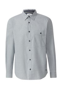 Lichtgrijs overhemd met knopen en een borstzak, zwarte knopen en een gestructureerde stof. Heeft een contrasterende kraag en een afgeronde zoom.