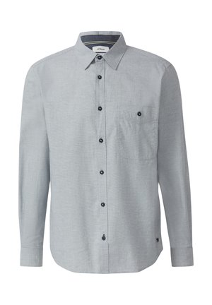 Hellgraues Hemd mit Knopfleiste, einer Tasche, schwarzen Knöpfen und einem strukturierten Stoff. Verfügt über einen kontrastierenden Kragen und einen geschwungenen Saum.