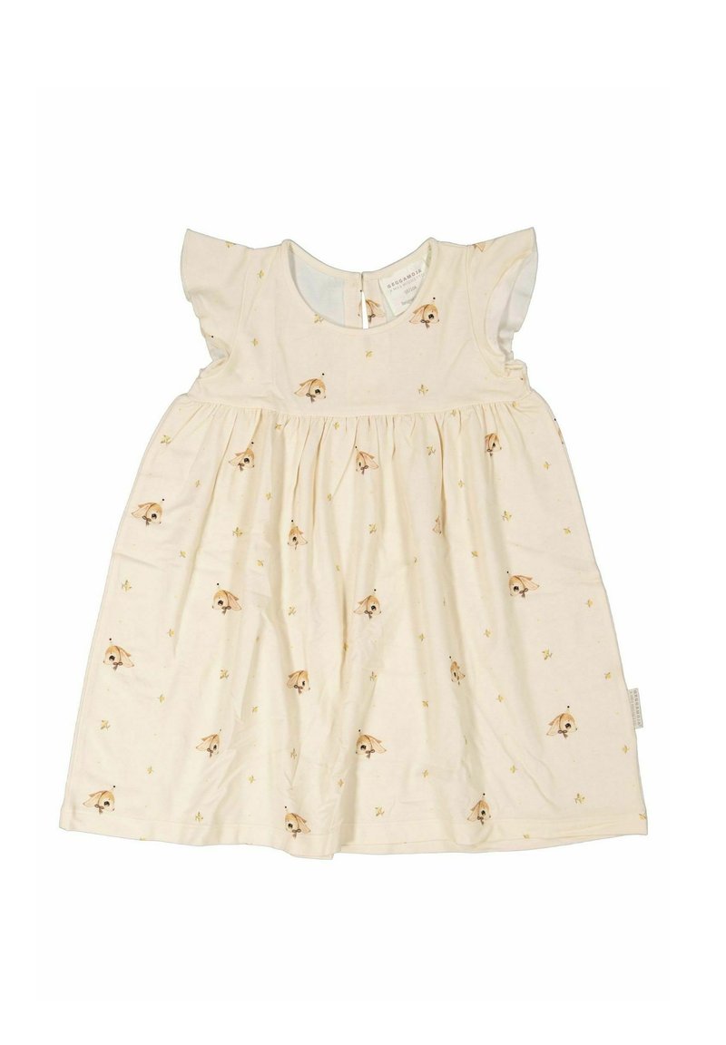 Ljus krämfärgad klänning med korta fjäderlätta ärmar, med ett hundmönster och gula stjärnor. Mjuk tyg, resårlinning i midjan och knäppning bak.