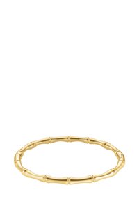 Pulsera de brazalete en tono dorado con un diseño inspirado en el bambú, que presenta segmentos alternos lisos y texturizados, creando un efecto de capas.