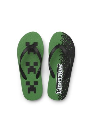 Infradito verdi con superficie texturizzata e volti pixelati di creeper neri, cinturini neri e marchio Minecraft sul lato.