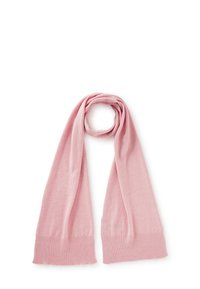 Bufanda de punto rosa con una textura suave, que presenta extremos acanalados. Tiene una forma larga y estrecha, adecuada para enrollar o drapear.