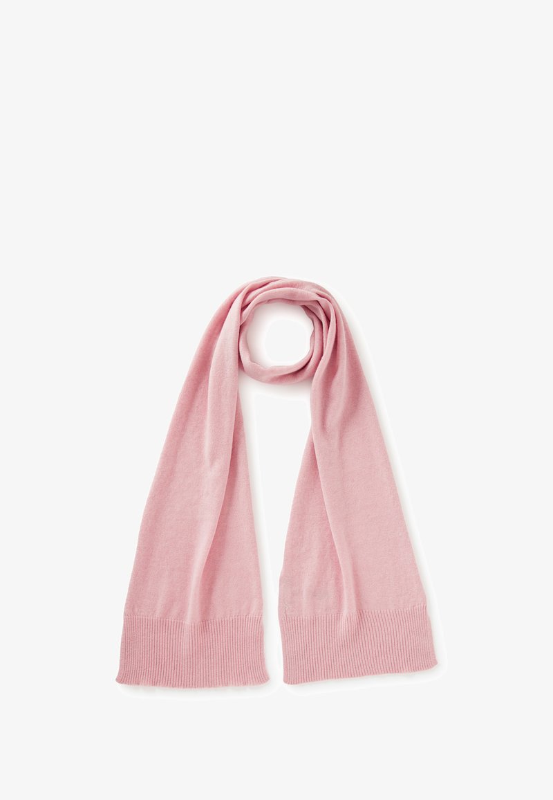 Sciarpa lavorata a maglia rosa con una texture morbida, caratterizzata da estremità a coste. Ha una forma lunga e stretta, adatta per essere avvolta o drappeggiata.