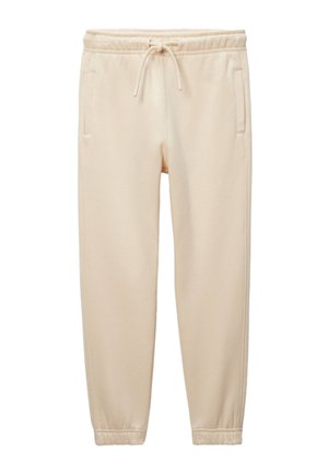 Pantalons de jogging couleur crème avec taille élastique et cordon de serrage, dotés de poches latérales et de poignets fuselés pour une coupe ajustée.