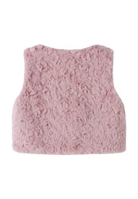 Rosa fuskpälsväst med en texturerad yta, med rundad halsringning och utan synliga knäppningar. Mjuk och voluminös framtoning.