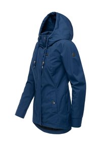 Veste à capuche bleu marine avec fermeture éclair frontale, boutons-pression, cordons ajustables et deux poches avant sur fond blanc.