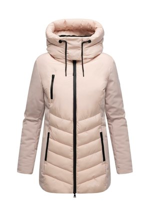 Beige polsterdatud jakk kõrge kaelusega, musta tõmblukuga ja aksessuaaridega. Omab kahte tõmblukuga taskut ja sileda, kerge tekstuuri.