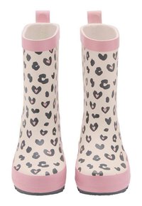 Deštné gumové boty s leopardím potiskem a růžovými akcenty, s kulatou špičkou, nízkým podpatkem a s poutky pro snadné obouvání.