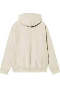 Sudadera beige con capucha, fabricada en tejido texturizado. Presenta un corte relajado con bolsillos laterales y puños de canalé. Diseño minimalista.