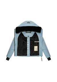 Light blue puffer jacket featuring a faux fur-lined hood, black interior lining, and multiple pockets with branding details.