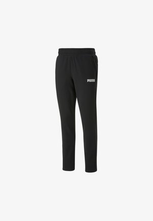 Schwarze Sweatpants mit elastischem Bund, seitlichen Taschen und einem silbernen Puma-Logo auf dem linken Oberschenkel. Hergestellt aus weichem, strukturiertem Stoff.