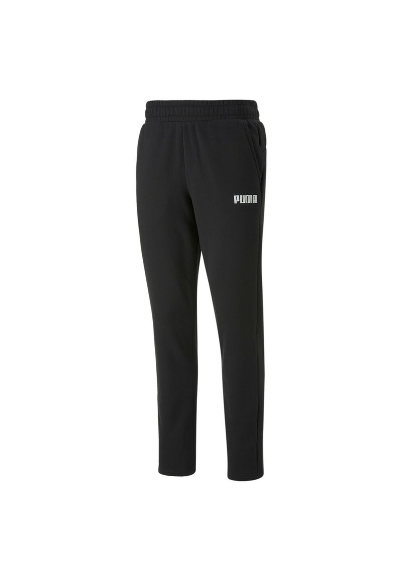 Schwarze Sweatpants mit elastischem Bund, seitlichen Taschen und einem silbernen Puma-Logo auf dem linken Oberschenkel. Hergestellt aus weichem, strukturiertem Stoff.