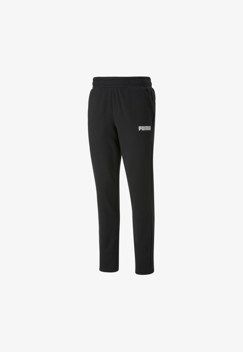Schwarze Sweatpants mit elastischem Bund, seitlichen Taschen und einem silbernen Puma-Logo auf dem linken Oberschenkel. Hergestellt aus weichem, strukturiertem Stoff.