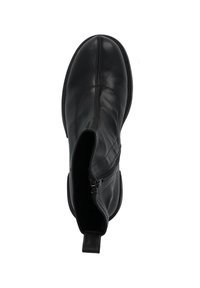 Czarne skórzane botki za kostkę z okrągłym czubkiem, bocznym zapięciem na zamek i minimalnym przeszyciem. Gładka tekstura i akcent w postaci kołnierza z tyłu.