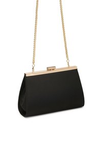 Borsa a tracolla nera con una cornice in metallo dorato e una catenina. Texture liscia, forma rettangolare e chiusura a scatto sulla parte superiore.