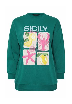 Sweat-shirt vert avec le texte « Sicily Italia » et des illustrations de citrons, un homard rose et une étoile de mer rose dans quatre panneaux carrés.