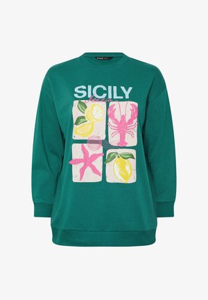 Sweat-shirt vert avec le texte « Sicily Italia » et des illustrations de citrons, un homard rose et une étoile de mer rose dans quatre panneaux carrés.