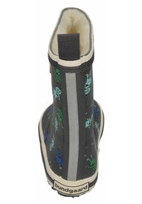 Rubber boot with grey exterior, featuring colorful robot designs. Soft, fuzzy lining and a pull tab at the back for easy wear.