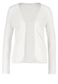 White open-front knitted cardigan with long sleeves and horizontal textured stripes, designed for women's casual wear.