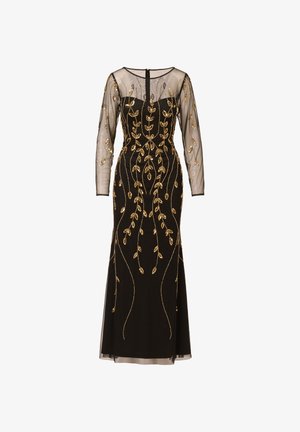 Schwarzes Abendkleid mit transparenten langen Ärmeln, verziert mit goldenen Blattstickereien und einer taillierten Silhouette. Mit Reißverschluss hinten, bodenlanges Design.