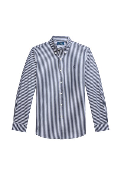 Camicia a maniche lunghe da uomo in navy e bianco a righe verticali, con colletto rigido e piccolo logo di un pony sul petto. Tessuto di cotone.