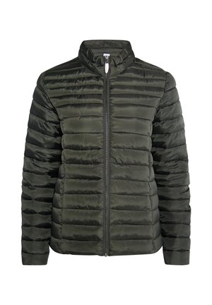 Padded jacket v tmavě olivově zelené barvě. Má vysoký límec, zipové zapínání a horizontální prošívaný design. Vyrobeno z lesklého, lehkého materiálu.