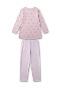 Helllila Baumwollegestreifte Schlafanzugset mit einem langärmeligen Oberteil mit einem orangefarbenen Tierdruck und passenden einfarbigen Hosen. Weicher und bequemer Stoff.