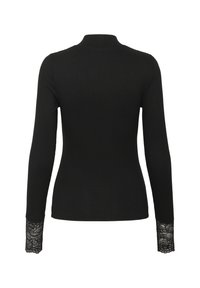 Zwarte langemouw fitted top met geribbeld textuur en kantafwerking op de mouwmanchetten, gezien van achteren.