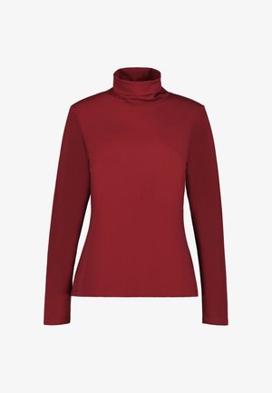 Long-sleeve fitted turtleneck top in solid deep red color with a smooth fabric and simple design.
