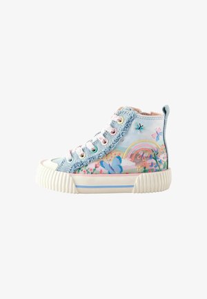 High-top children's sneaker with denim details, pastel rainbow, butterflies, and floral patterns, white sole with blue stripe.