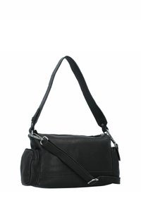 Borsa a tracolla in pelle nera con una sola tracolla, dotata di un compartimento principale con zip e una piccola tasca laterale. Texture liscia, forma compatta.