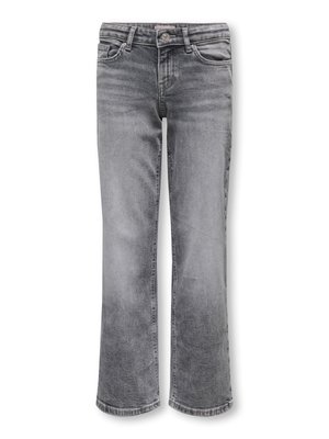 Grå falmede jeans med lige ben, foran knap, lynlås og femlomme-design.