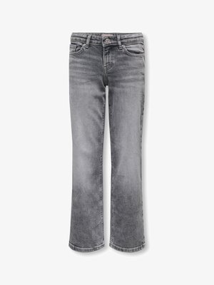 Jean en denim gris délavé à jambes droites, avec bouton devant, fermeture éclair et cinq poches.