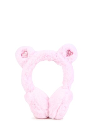 Cache-oreilles doux et duveteux rose avec des oreilles rondes décorées de petits cœurs roses scintillants sur fond blanc.