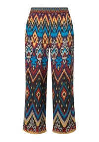 Maxi spodnie z kolorowym, geometrycznym wzorem w odcieniach niebieskiego, czerwonego, żółtego i czarnego; elastyczny pas; lekkiej tkaniny.