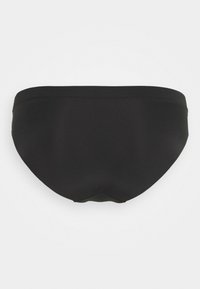 Black swim bottoms with a smooth texture, featuring a mid-rise waist and a simple cut. Seamless edges for comfort and minimalistic design.
