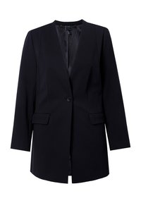 Blazer nero con una silhouette strutturata, colletto a revers, chiusura con un solo bottone e due tasche frontali. Tessuto morbido, interno non foderato.