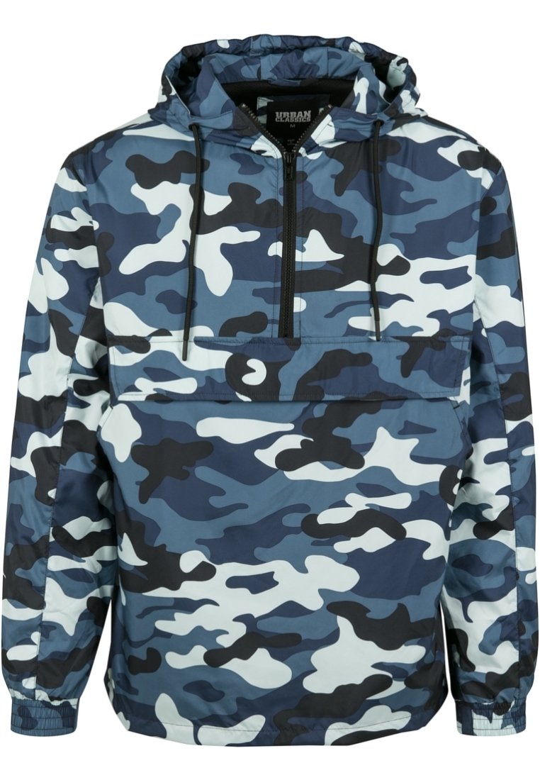Blue, black, and white camouflage hooded jacket with half-zip front and adjustable drawstrings. Elastic cuffs and front pouch pocket.