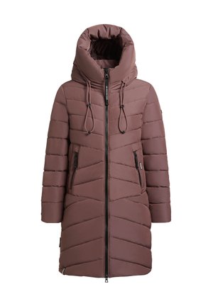 Bruine pufferjas met een hoge kraag, ritssluiting aan de voorkant en een trekkoordkap. Bevat een diagonale quiltstructuur en zijzakken met rits.