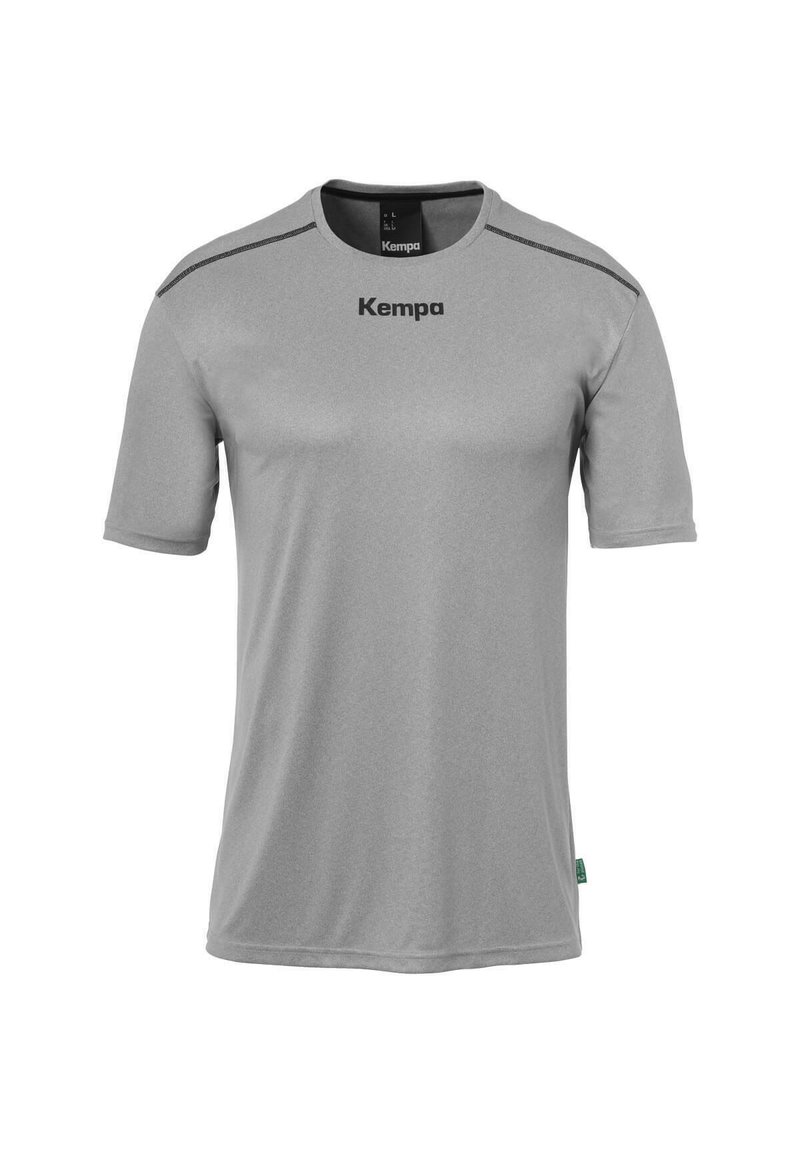 T-shirt de sport à manches courtes gris, fabriqué en tissu lisse et respirant. Présente un logo noir "Kempa" et des accents noirs le long des épaules.