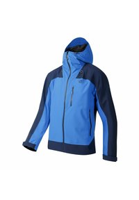 Blue and dark navy hooded outdoor jacket with full front zipper and two zippered pockets on chest and sides.