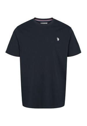 Marineblaue Baumwoll-T-Shirt mit Rundhalsausschnitt, kurzen Ärmeln und einem kleinen weißen gestickten Logo auf der Brust. Minimalistisches Design.