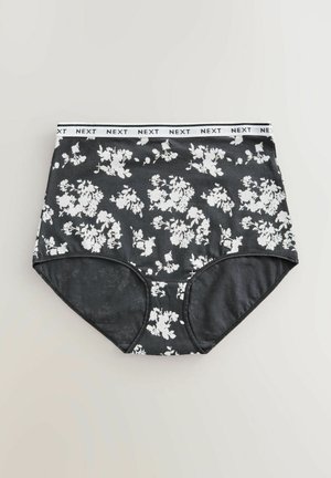 Must mustripsid kõrge vöökoha ja valge lillemustriga, puuvillane materjal ja valge elastne vöö, millel on must kiri.