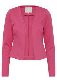 Růžová dlouhá bunda s přiléhavým střihem, otevřeným předním dílem a hladkou texturou. Obsahuje jemný šev podél výstřihu a lemu.