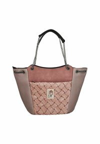 Rosa und beige Tragetasche mit gewebter Textur, schwarzen Akzenten, Metallkettengriffen und einem Patch mit Charakterdesign.