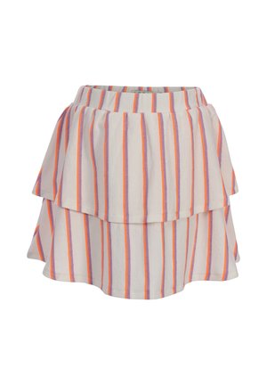 Witte gelaagde rok met verticale oranje en paarse strepen, met een geplooide tailleband en een uitlopende volant.