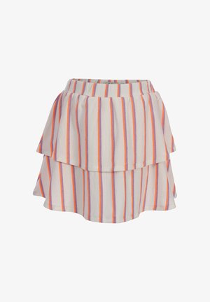 Witte gelaagde rok met verticale oranje en paarse strepen, met een geplooide tailleband en een uitlopende volant.