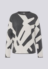Gestrickter Pullover in Grau und Weiß mit abstrakten geometrischen Mustern. Rundhalsausschnitt und lange Ärmel mit lockerem Schnitt.